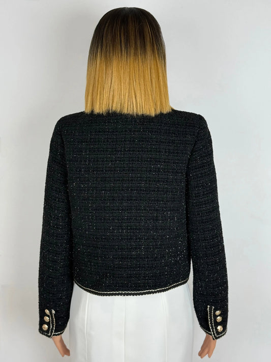 Dos veste en tweed noir, longues manches,fentes, boutons et galons nobles Futura Couture Toulouse
