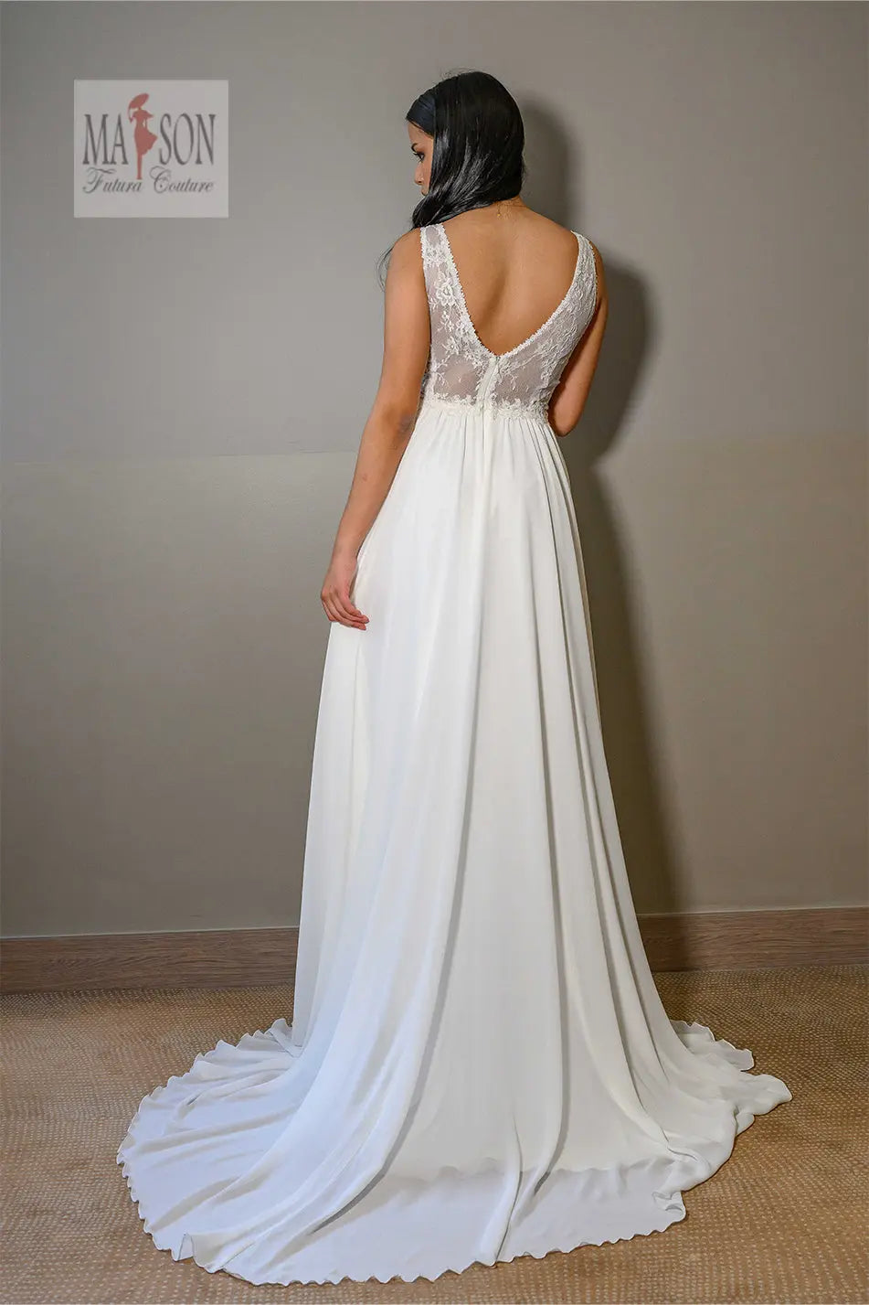 Robe de mariée longue Flore, Dos en V arrondi, Futura Couture