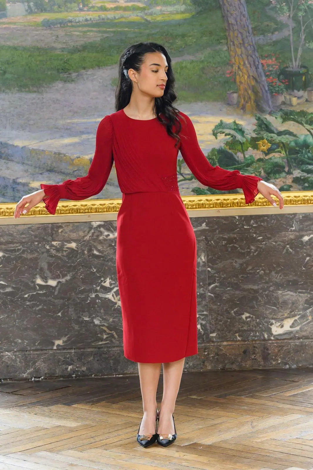 Robe midi à manches longues-Sophie Futura Couture, jupe droite en crêpe, BCBG Toulouse 