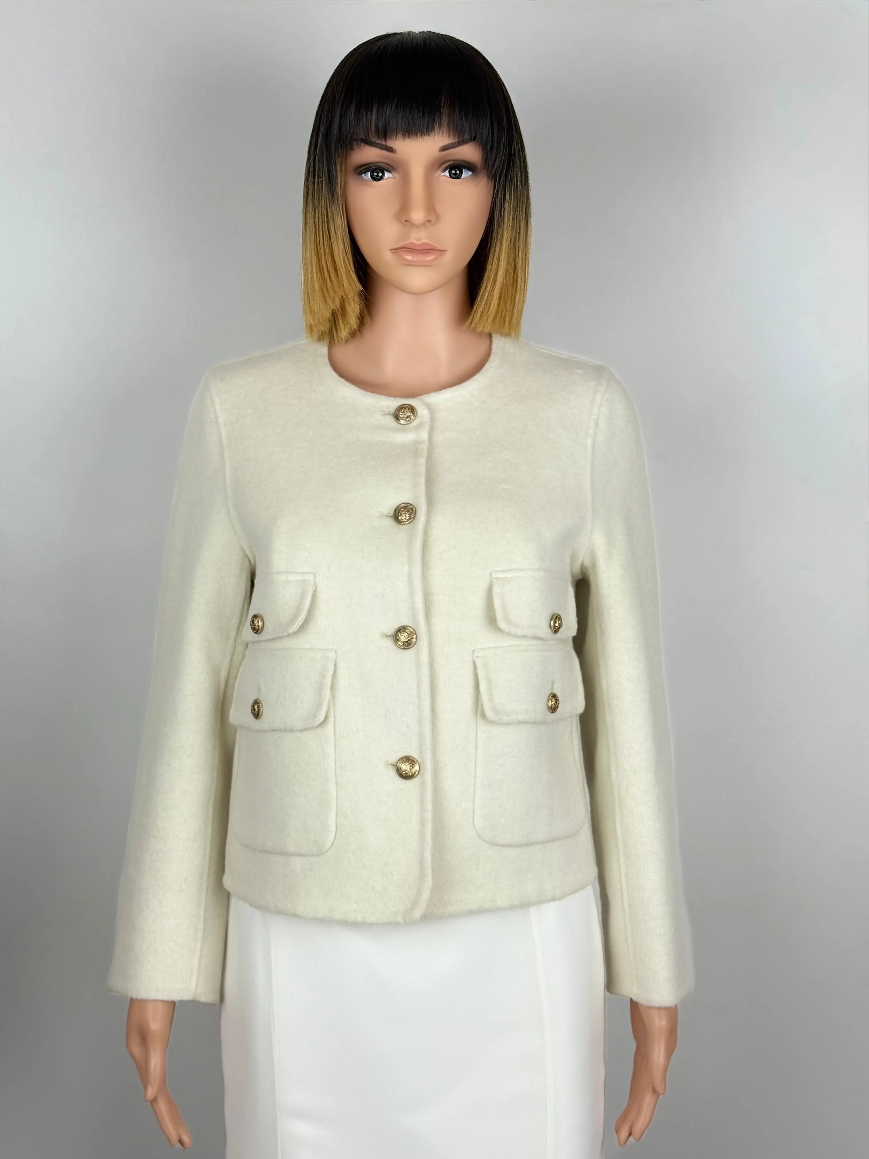 Veste droite en laine quatre poches devant, boutons dorés nobles Futura Couture Toulouse 